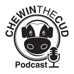 this logo for the podcast includes a cute cow face in a circle and an old fashioned microphone implying the cow is doing the talking