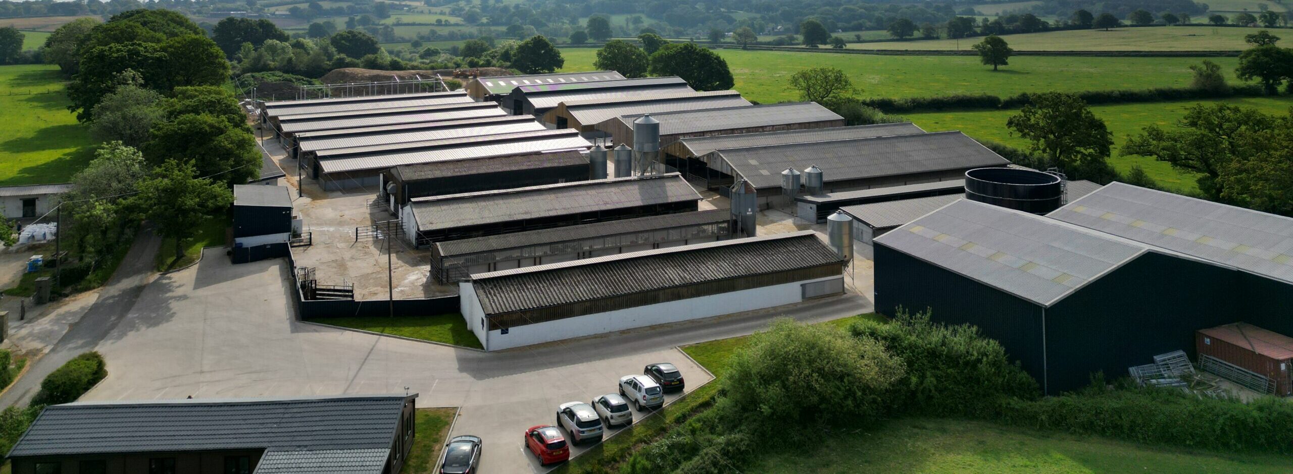 Aerial view of the research and development farm showing high-health cattle units, evidence-based rearing facilities, and integrated infrastructure for beef production.